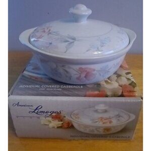 American Limoges China Flowers Individual Covered Casserole Porcelain Dish Boxed
